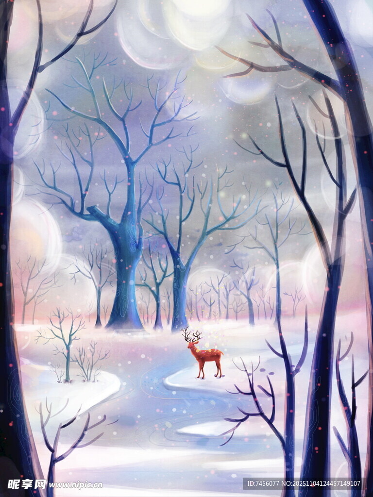 雪夜森林中的孤獨(dú)小鹿