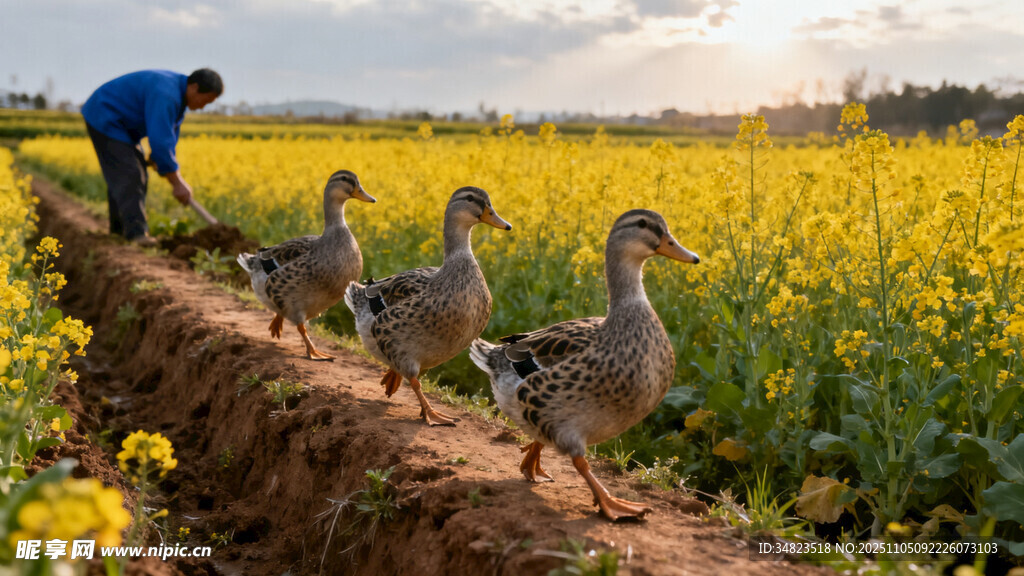 田間趕鴨人  黃花映暮景