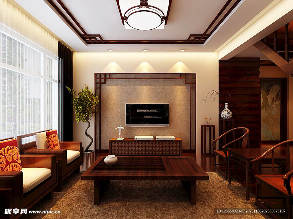 中式典雅客廳室內(nèi)場(chǎng)景
