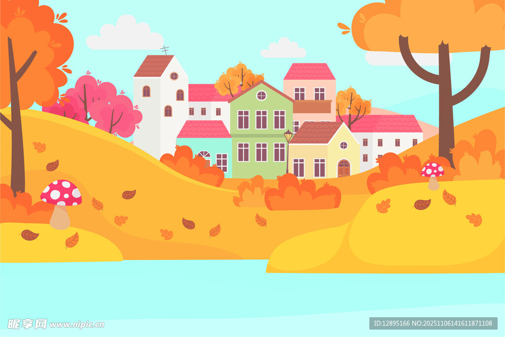 秋日河畔多彩房屋風(fēng)景