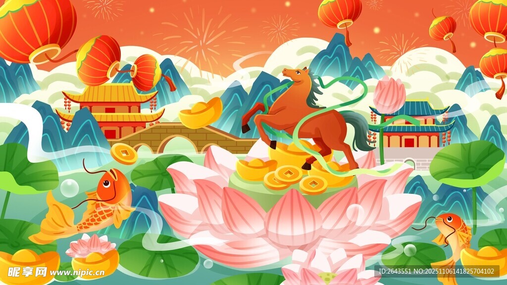 馬年春節(jié)年年有余橫板插畫背景