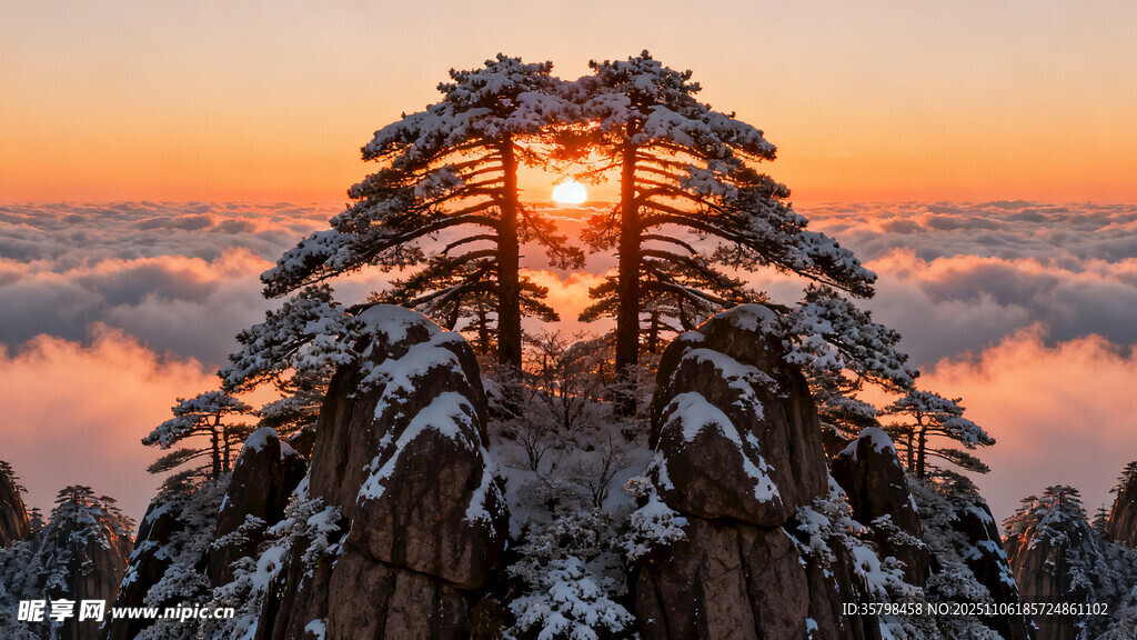 雪后黃山日出壯麗景觀