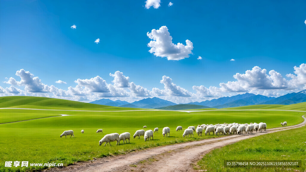 草原羊群漫步風景圖