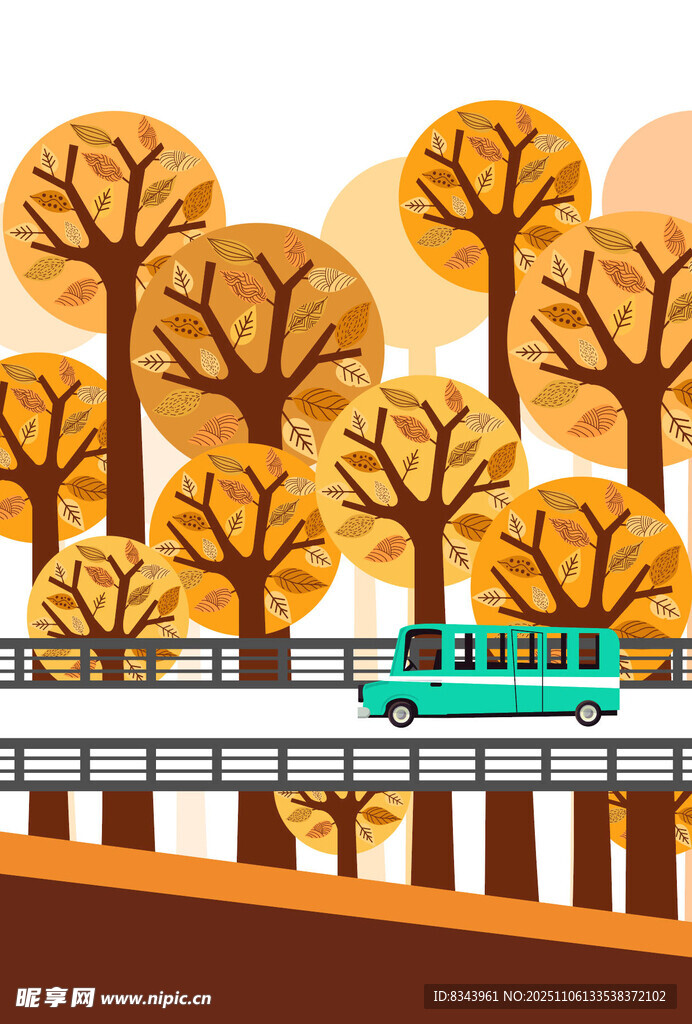 秋日橋上行駛的綠色客車