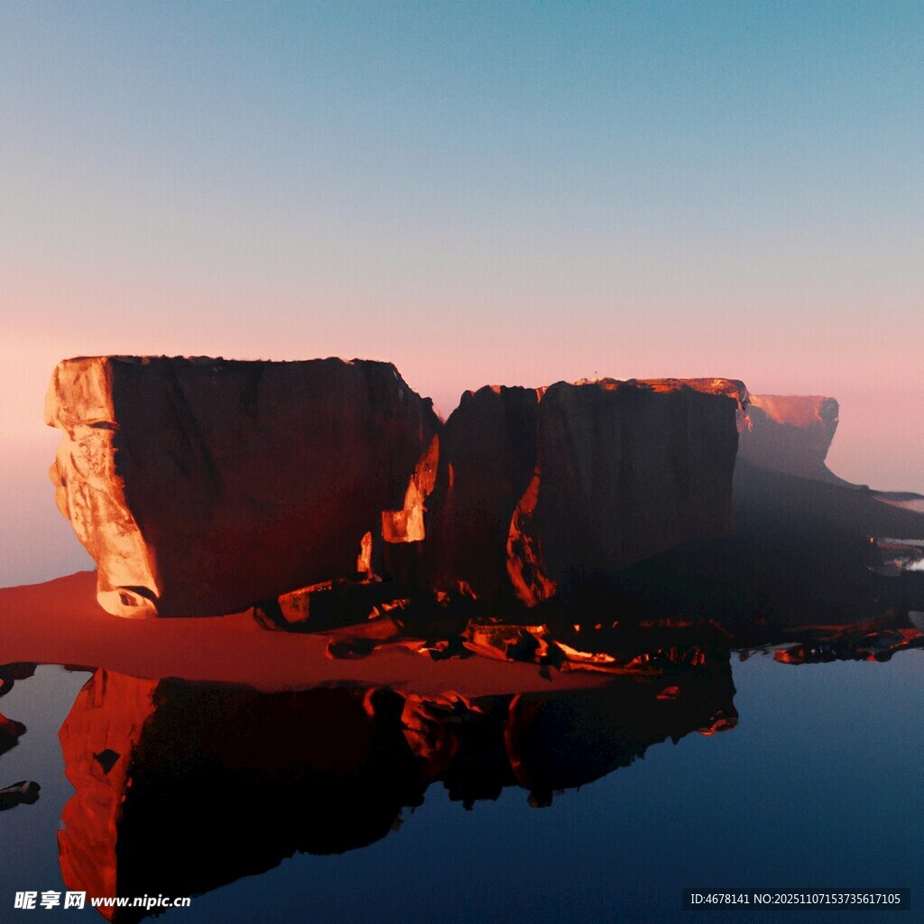 夕陽(yáng)下的巖石與平靜水面