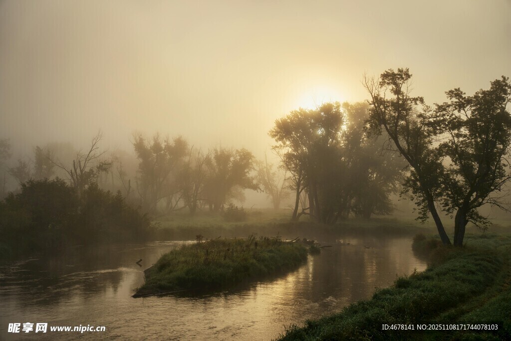 晨霧中的河畔風(fēng)光