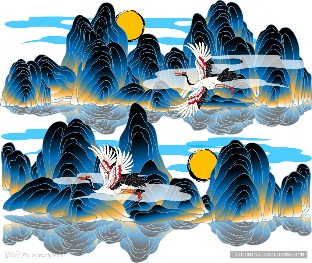 水墨山水仙鶴日出景象