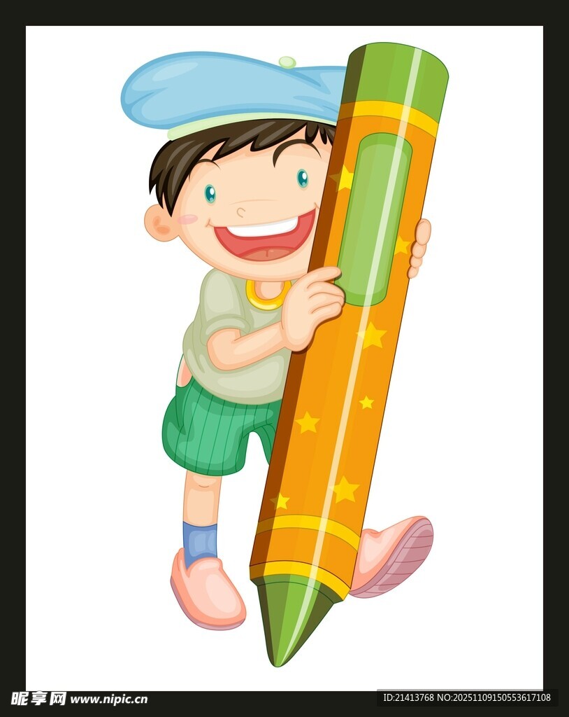 小男孩手持巨型彩色鉛筆