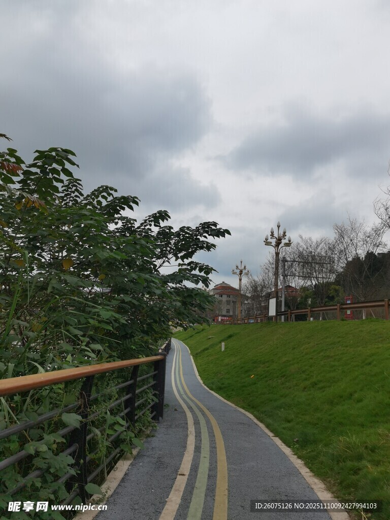 郊外蜿蜒小路旁綠植環(huán)繞