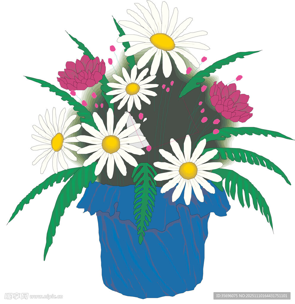 藍(lán)色花盆中的多彩雛菊