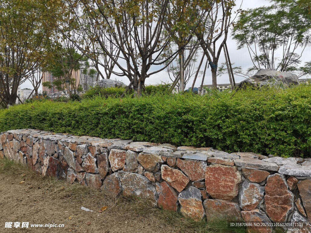 石砌矮墻旁的綠植景觀