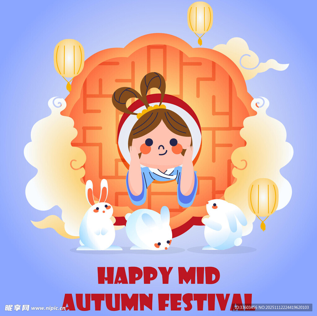 中秋女孩與白兔歡樂場景