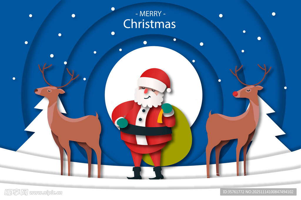 圣誕老人與馴鹿的圣誕場(chǎng)景