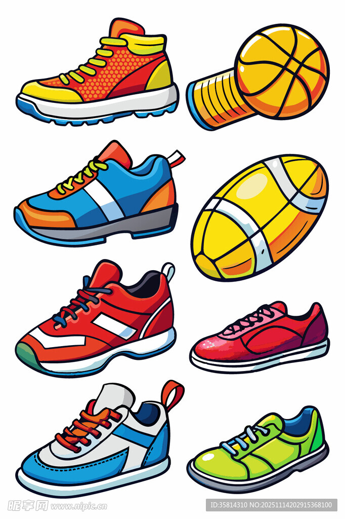 多彩運動鞋與球類集合