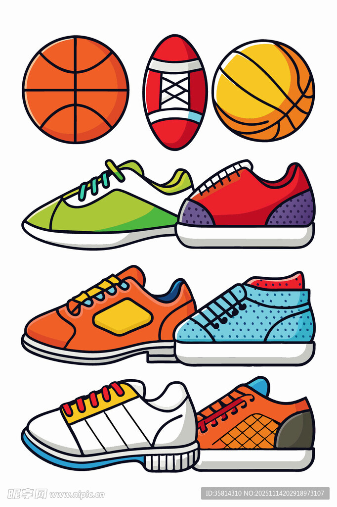 多彩運動鞋與球類集合