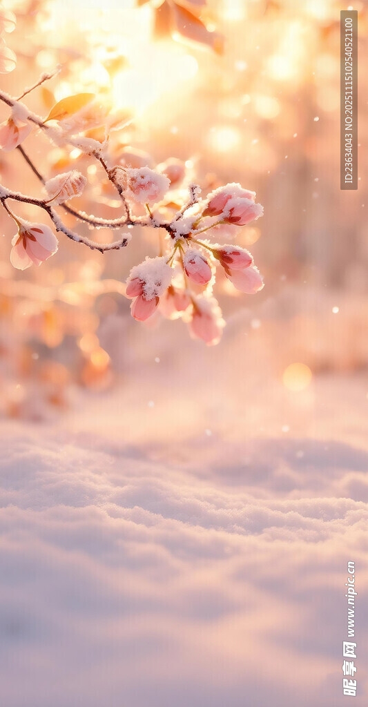 雪中日暮下的粉嫩花枝