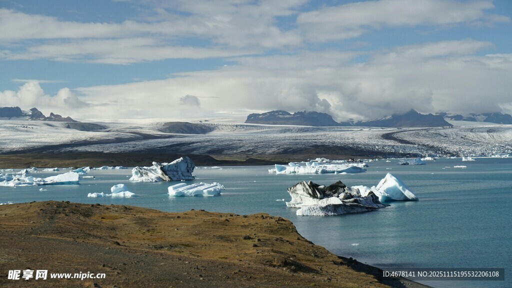 冰川湖景冰雪與湖水相映
