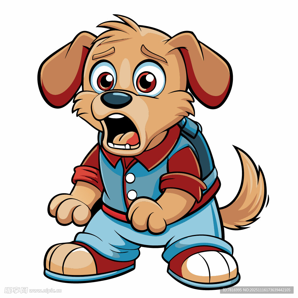 穿背帶褲的驚訝小狗