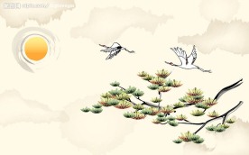 水墨國畫仙鶴迎客松