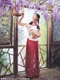 穿旗袍的少女油畫(huà)