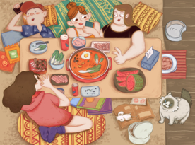 夏季團聚人物聚餐插畫卡通素材