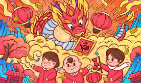 龙年手绘插画放爆竹