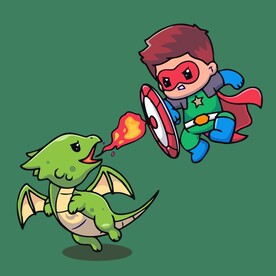 可爱小超人大战恶龙矢量卡通插画