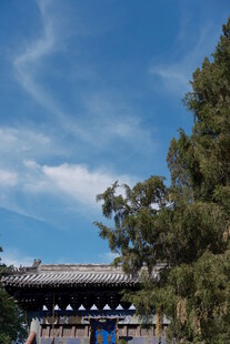 古建蓝天绿树风景如画