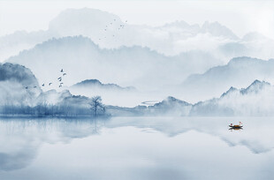 新中式 水墨藍(lán)色山水畫 