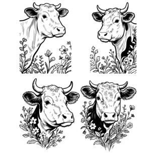 四幅牛的黑白插画图案