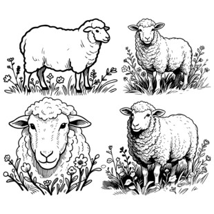 四幅手绘绵羊图案
