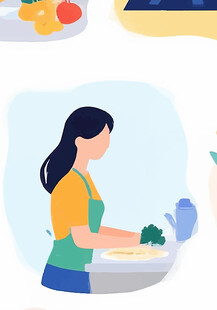 女性廚房洗碗場景插畫