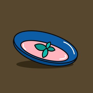 蓝色盘中的粉色食物与绿叶