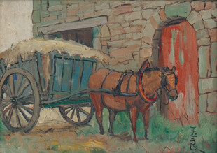 鄉(xiāng)村馬車旁的兩匹駿馬