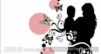 母子剪影、蝴蝶、花卉矢量素材