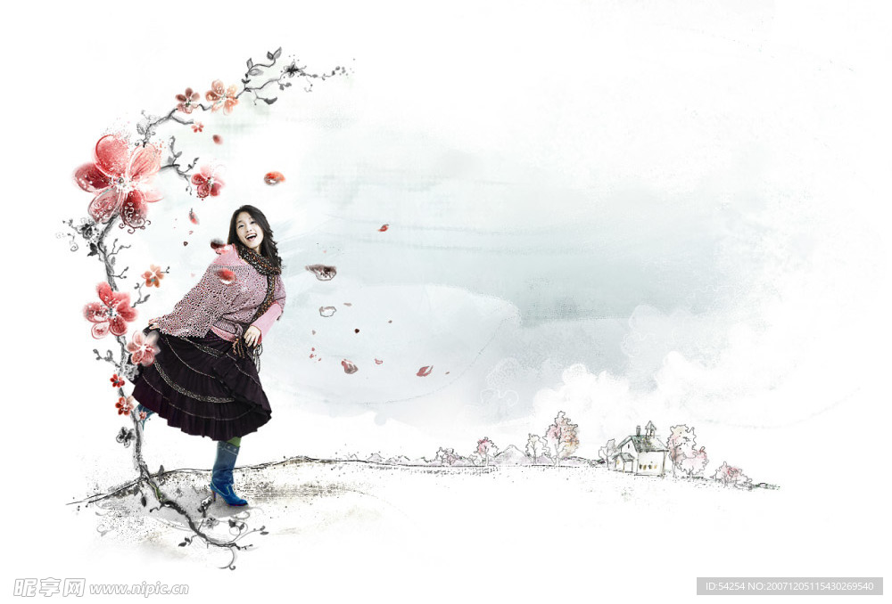人物 美女 手绘 背景