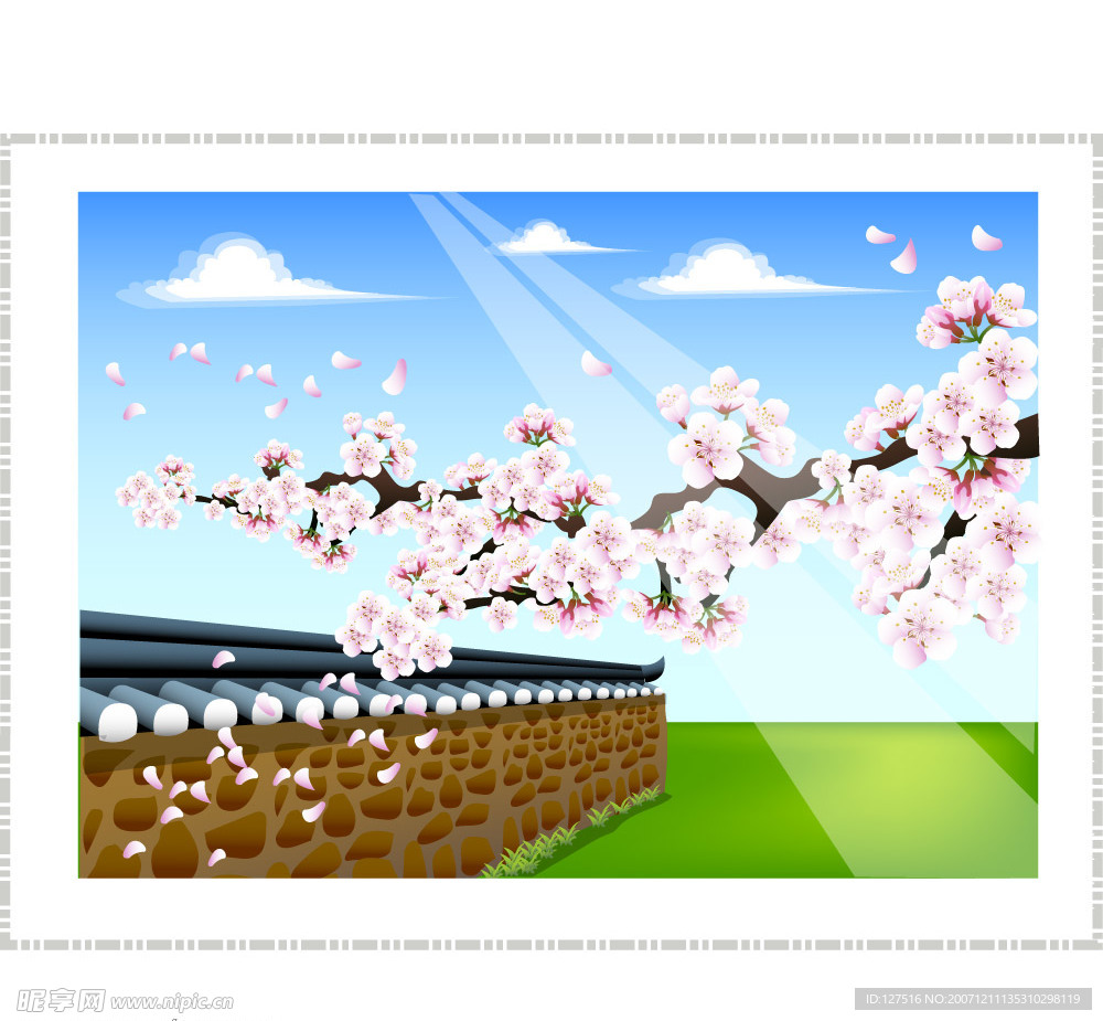 一组梅花出墙头的写实风景