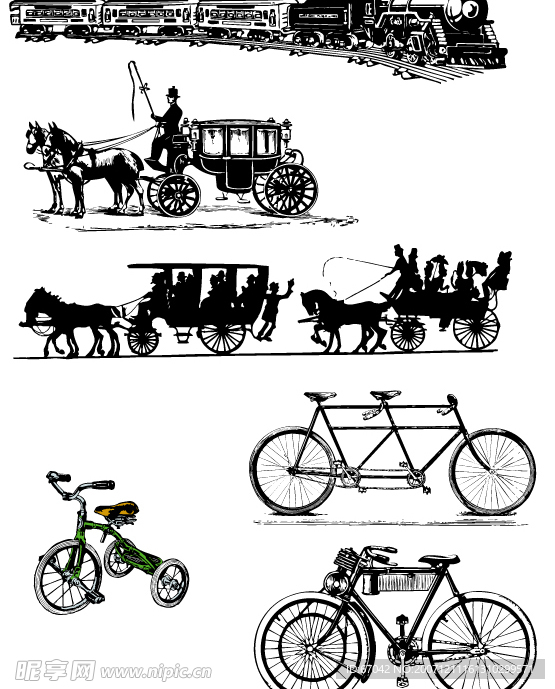 矢量火车、马车与自行车