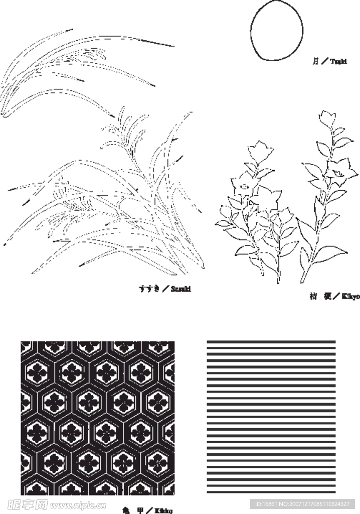日本线描植物花卉矢量素材