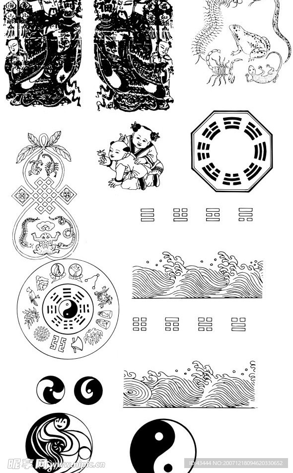 中国传统图案含春节门神、生肖矢量图