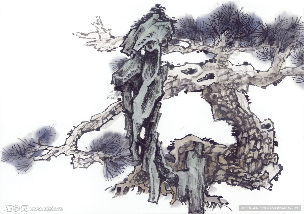 山水水墨画 松树 古松