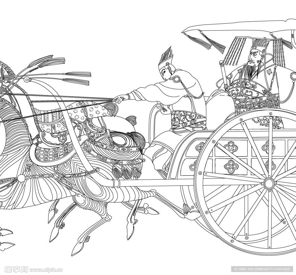 精细白描马车人物