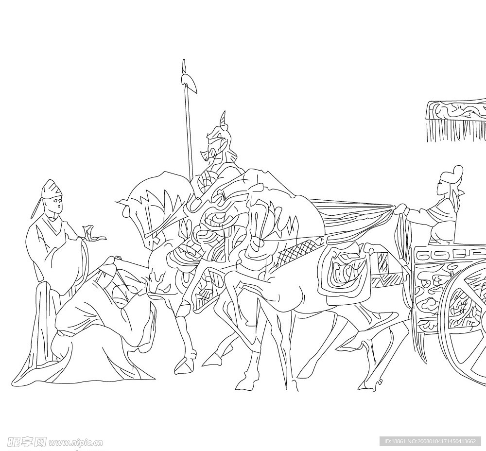 精细白描马车人物