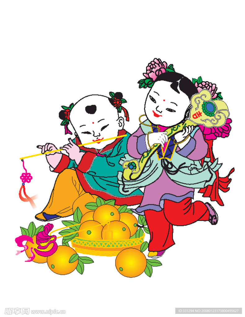 如意童子送福年画矢量图