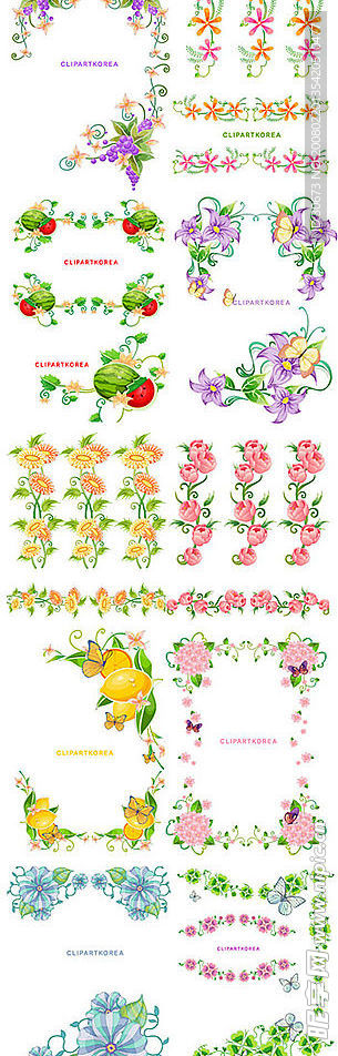 韩国花卉、水果与蝴蝶花边矢量素材