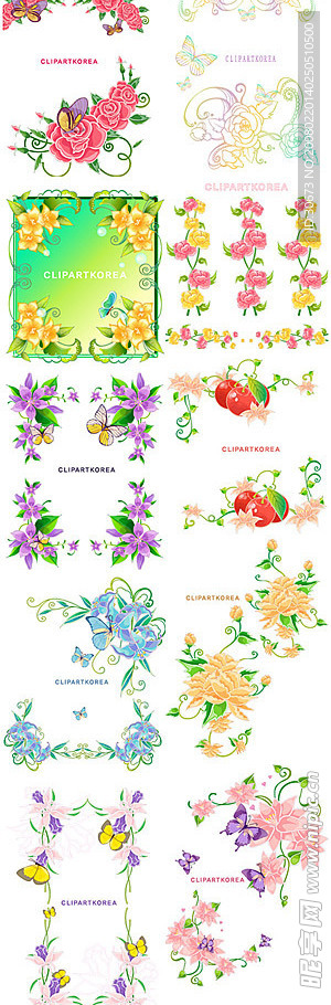 韩国花边、花卉与蝴蝶矢量素材