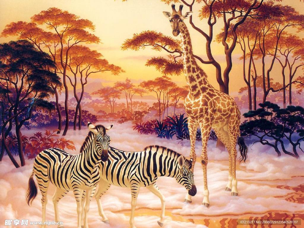 精美奇妙的动物画：斑马与长颈鹿