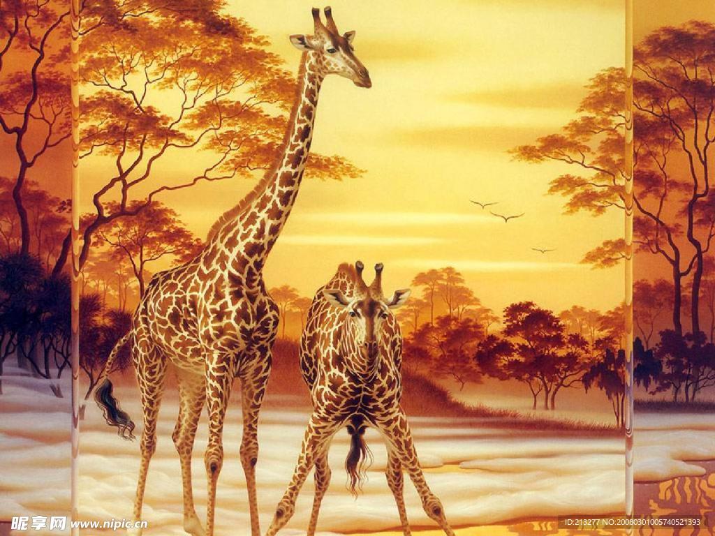 精美奇妙的动物画：母鹿与小鹿