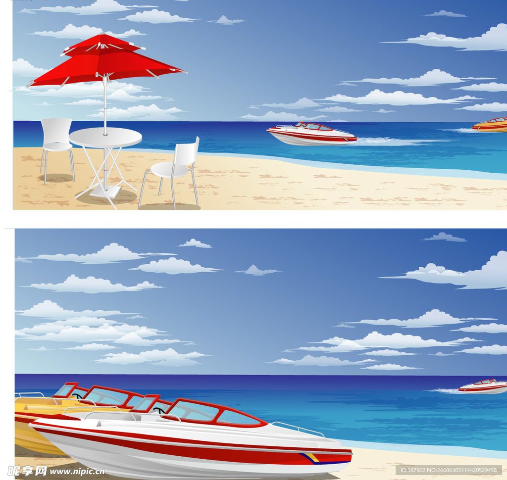 海边，太阳伞，游艇