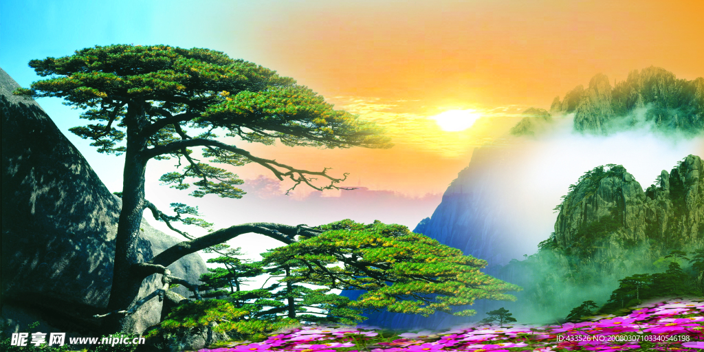 黄山迎客松日出背景